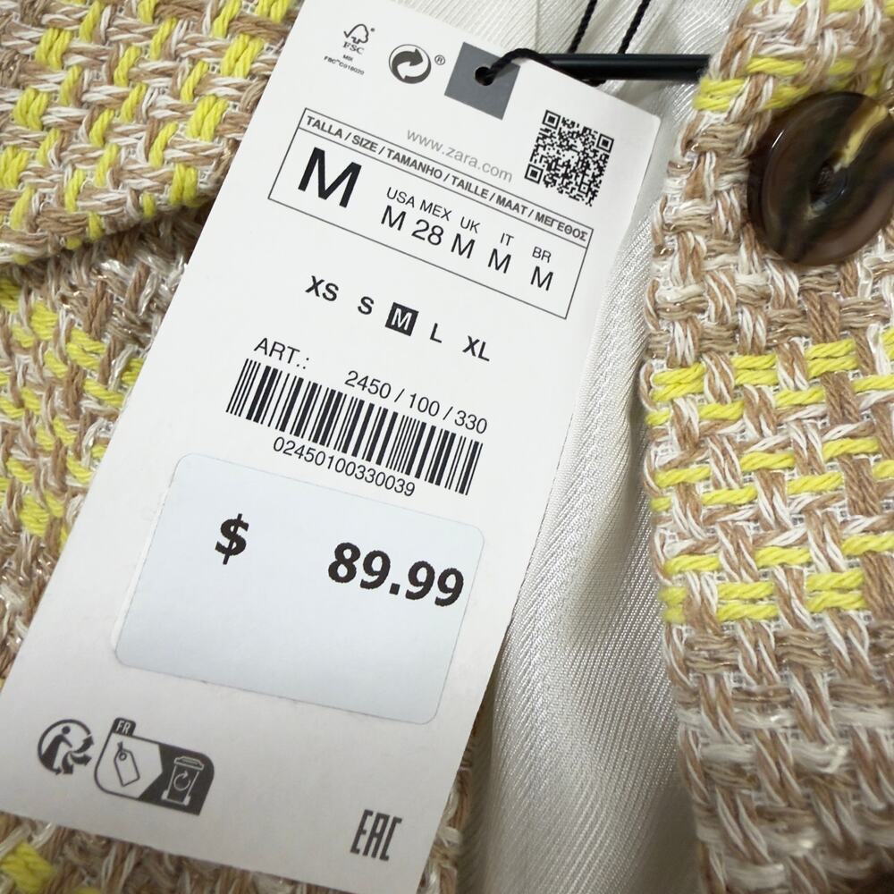 NWT Zara Textured Crop Blazer Yellow & Brown Plaid Pocket Chic Preppy Size M - Picture 7 of 9